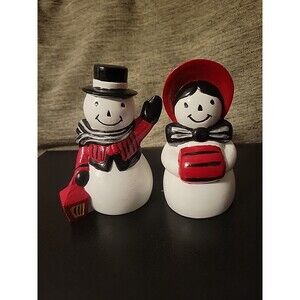 Christmas Frosty The Snowman And Crystal Ceramic Figurines 1970s Black White Red